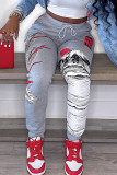Grey Fashion Casual Print Patchwork Regular High Waist Trousers