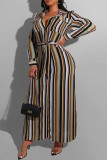 Blue Fashion Casual Striped Print With Belt Turndown Collar Long Sleeve Plus Size Dresses