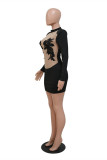 Black Fashion Sexy Embroidery Patchwork See-through Turtleneck Long Sleeve Dresses