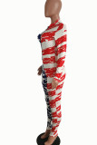 Blue Red Sexy Street Print Patchwork Zipper Skinny Jumpsuits