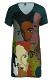 Pink Fashion Casual Print Patchwork V Neck Short Sleeve Dress