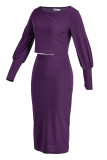 Purple Fashion Casual Solid Basic Oblique Collar Long Sleeve Dresses