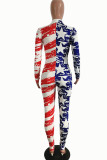 Blue Red Sexy Street Print Patchwork Zipper Skinny Jumpsuits