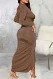 Brown Sexy Solid Patchwork Asymmetrical V Neck One Step Skirt Dresses