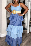 Sky Blue Fashion Patchwork Flounce Spaghetti Strap Cake Skirt Dresses
