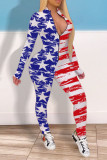 Blue Red Sexy Street Print Patchwork Zipper Skinny Jumpsuits