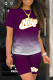 Purple Fashion Casual Gradual Change Print Letter O Neck Short Sleeve Two Pieces