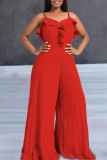 Red Sexy Solid Patchwork Flounce Fold Spaghetti Strap Straight Jumpsuits
