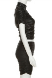Black Fashion Casual Solid Fold Half A Turtleneck Short Sleeve Two Pieces