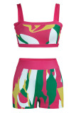 Rose Red Fashion Sexy Print Backless Spaghetti Strap Sleeveless Two Pieces