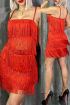 Red Sexy Solid Tassel Patchwork Spaghetti Strap Straight Dresses