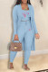 Light Blue Casual Print Patchwork Spaghetti Strap Long Sleeve Three Pieces