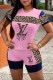 Pink Fashion Casual Patchwork Leopard Letter O Neck Short Sleeve Two Pieces