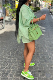 Green Fashion Casual Striped Patchwork Turndown Collar Long Sleeve Two Pieces