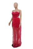 Red Sexy Formal Patchwork Hollowed Out Sequins Backless Strapless Evening Dress