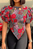 Red Fashion Print Patchwork Asymmetrical O Neck T-Shirts