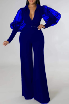 Blue Fashion Solid Without Belt Mesh V Neck Boot Cut Jumpsuits