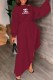 Burgundy Fashion Elegant Print Slit Letter Off the Shoulder Irregular Dress Dresses