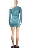Blue Sexy Solid Sequins Patchwork Oblique Collar Pencil Skirt Dresses