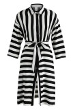 Black White Fashion Casual Work Striped Frenulum V Neck High Waist Tops