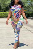 Grass Green Fashion Sexy Print Bandage Backless Asymmetrical Strapless Sleeveless Two Pieces