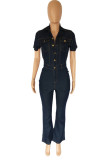 Deep Blue Casual Solid Patchwork Buckle Turndown Collar Straight Jumpsuits
