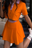Pink Fashion Solid Patchwork Turndown Collar Short Sleeve Two Pieces