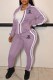 Purple Fashion Sportswear Print Patchwork Zipper Collar Long Sleeve Two Pieces