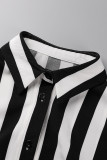 Black White Fashion Casual Work Striped Frenulum V Neck High Waist Tops