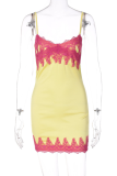 Yellow Sexy Patchwork Lace Spaghetti Strap Pencil Skirt Dresses