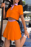 Pink Fashion Solid Patchwork Turndown Collar Short Sleeve Two Pieces