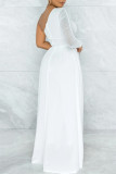 White Fashion Casual Solid Patchwork Backless Oblique Collar Regular Jumpsuits
