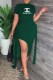 Ink Green Fashion Elegant Print Slit Letter O Neck Short Sleeve Two Pieces