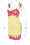 Yellow Sexy Patchwork Lace Spaghetti Strap Pencil Skirt Dresses