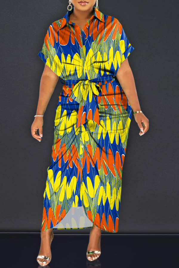Orange Yellow Fashion Casual Print Patchwork Turndown Collar Shirt Dress