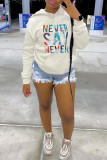 White Fashion Casual Letter Print Basic Hooded Collar Tops