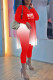 Red Casual Gradual Change Print Patchwork Slit V Neck Long Sleeve Two Pieces