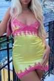Yellow Sexy Patchwork Lace Spaghetti Strap Pencil Skirt Dresses