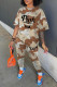 Khaki Casual Print Patchwork O Neck Short Sleeve Two Pieces