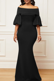 Black Elegant Solid Patchwork Off the Shoulder Evening Dress Dresses