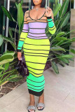 Yellow Fashion Casual Striped Print Basic Hot Drill V Neck Long Sleeve Dresses
