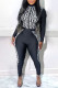 Black Casual Print Patchwork Zipper Collar Skinny Jumpsuits