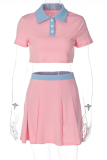 Pink Fashion Solid Patchwork Turndown Collar Short Sleeve Two Pieces