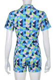 Blue Casual Print Patchwork Buckle With Belt Turn-back Collar Straight Rompers