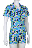 Blue Casual Print Patchwork Buckle With Belt Turn-back Collar Straight Rompers