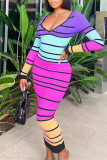 Yellow Fashion Casual Striped Print Basic Hot Drill V Neck Long Sleeve Dresses