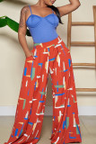Tangerine Casual Print Patchwork High Waist Wide Leg Full Print Bottoms