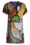Multicolor Fashion Casual Print Patchwork V Neck Short Sleeve Dress
