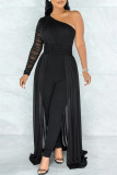White Fashion Casual Solid Patchwork Backless Oblique Collar Regular Jumpsuits