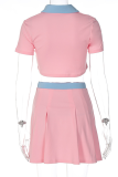 Pink Fashion Solid Patchwork Turndown Collar Short Sleeve Two Pieces